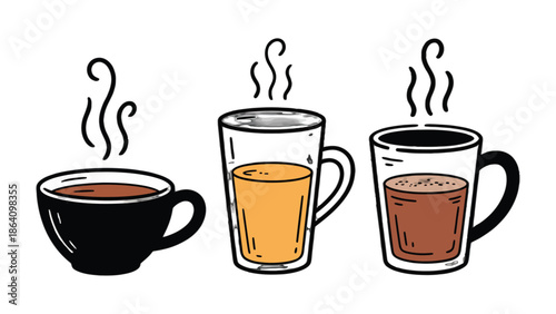 A Trio of Delight: Three inviting mugs showcase an array of warm beverages, each emitting a wisp of fragrant steam, inviting a moment of comfort and enjoyment.