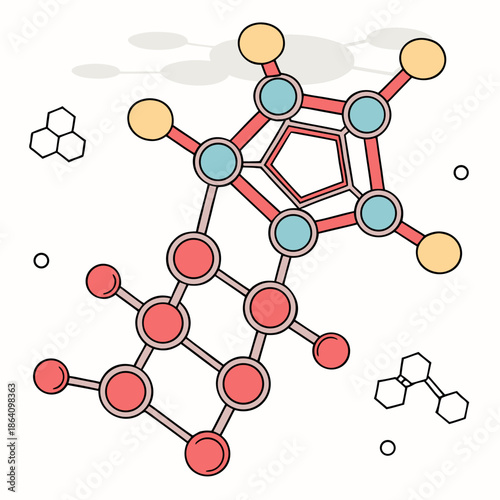 3 D ball and stick model of molecule with red, blue, and yellow atoms