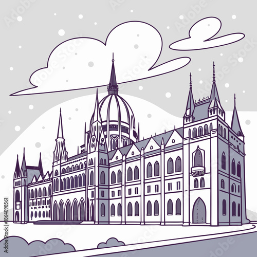 Hungarian Parliament Building in purple hues with snowy landscape