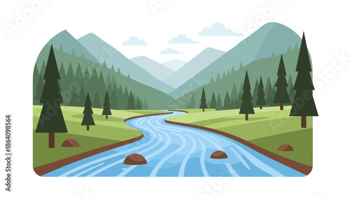 Serene Landscape: A winding river carves its way through a tranquil valley, framed by lush green meadows and majestic mountains. A scenic vista of peaceful nature.