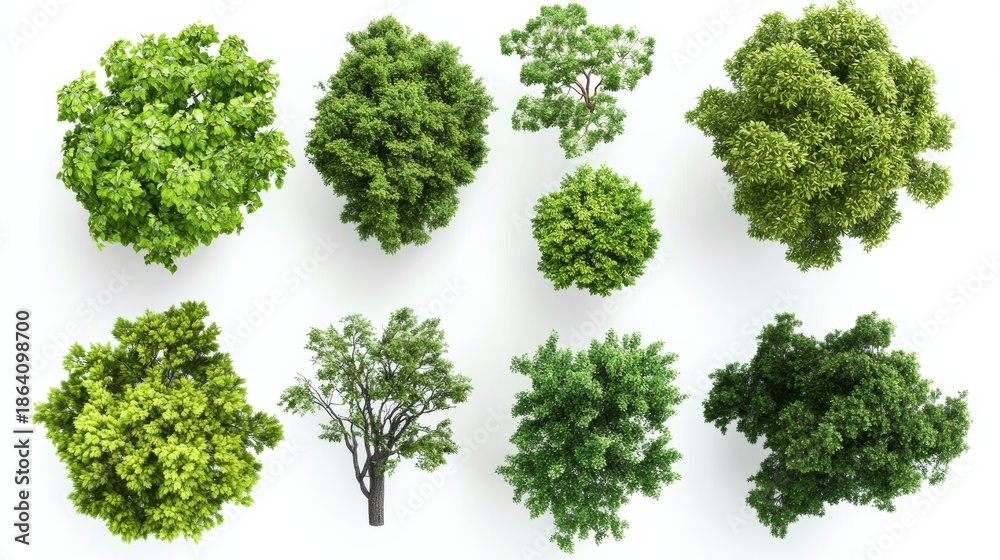 Naklejka premium Collection of green trees seen from a top view for use in planning outdoor spaces and landscape designs across various settings and projects