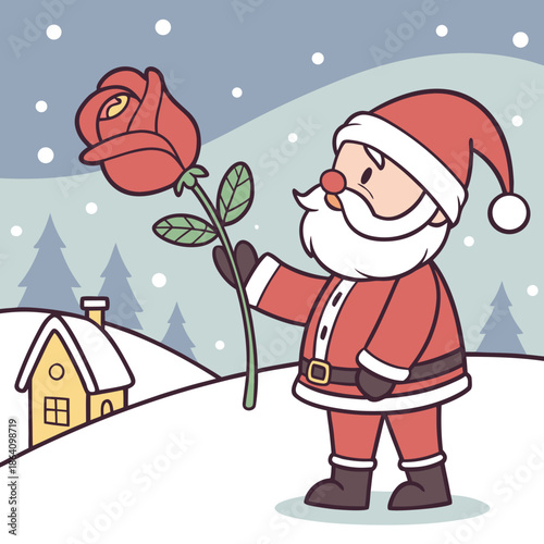 Santa Claus holding red rose in snowy landscape winter