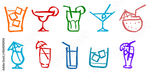Cocktail And Drink Icons Crayon Chalk Drawing Vector Set