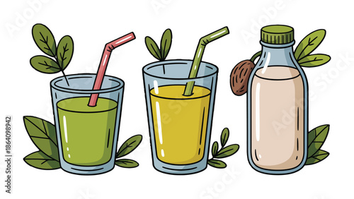 Refreshing Drinks Collection: An inviting assortment of freshly prepared drinks, perfect for a healthy start or a revitalizing pause, showcasing the essence of natural goodness.