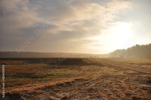 Sunrise over a misty field with distant trees and a construction site in early morning light