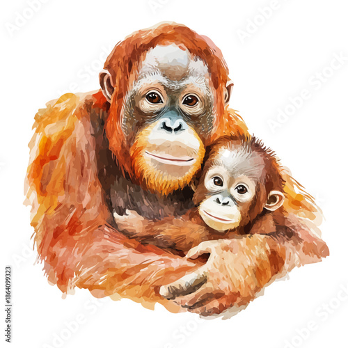 watercolor graphic of Mother Orangutan With Her Kid, isolated on a white background.