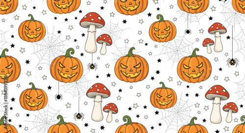 Seamless Halloween doodle pattern with smiling jack-o'-lanterns, fly agaric mushrooms, hanging spiders, and stars on a white background.