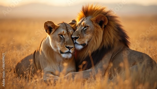 Majestic male lion and lioness rest together in golden savanna grass. Pair shows gentle affection during warm sunrise light. Their closeness highlights natural bond and peaceful coexistence in wild.