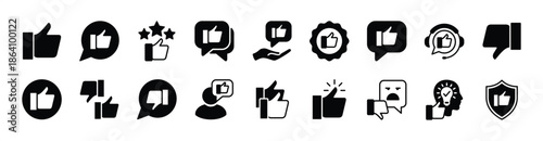 Social media icon vector set. Contains thumb up, thumb down, like button, good comment, positive label, accept, yes, ok, satisfied emoji for customer service, feedback, experience, confirm