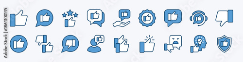 Set of social media icon. Contains thumb up, thumb down, like button, good comment, positive label, accept, yes, ok, satisfied emoji for customer service, feedback, experience, confirm - vector