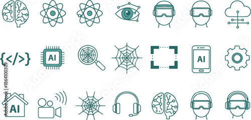 Artificial intelligence and technology outline icon set featuring AI brain, code, virtual reality, and digital innovation symbols