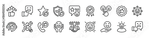 Customer satisfaction thin line icon set. Contains feedback, rating, review, support, five stars, thumb up, good service and quality communication, client experience, trust, smile emoji- vector
