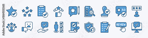Set of rating and review icon. Contains checkmark, five stars, checklist, confirm button, approval, security, stamp, skills, data analysis, verified profiles, certification, network comment - vector