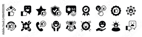 Customer satisfaction icon vector set. Contains feedback, rating, review, support, five stars, thumb up, good service and quality communication, client experience, trust, smile emoji - illustration