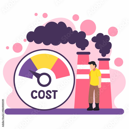 Man looks at cost gauge by industrial smokestacks with pollution.