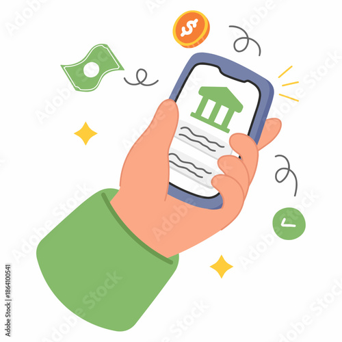 Hand holding smartphone with bank icon and documents, surrounded by money and clock symbols in a vibrant illustration.