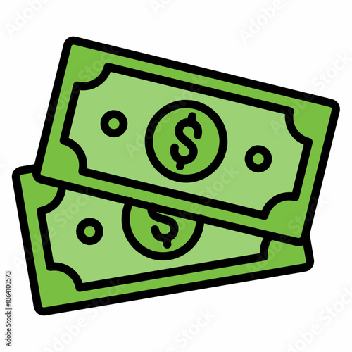 Two green banknotes with dollar signs stacked on a white background, illustration view