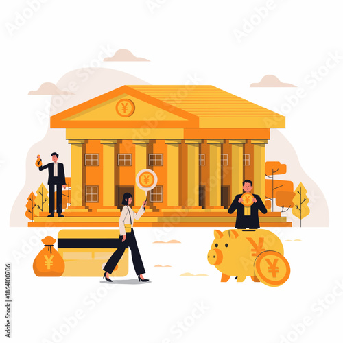 People walking near bank building with financial symbols and piggy bank illustration