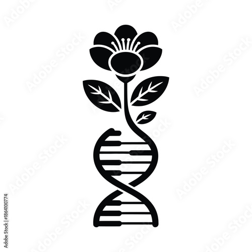 Unique dna strand with piano keys and a flower on top symbolizing art and genetics representing biological musical genetic engineering science