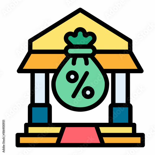A colorful illustration of a bank building with a money bag and percentage sign.