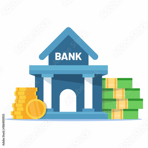 Illustration of a blue bank building with stacks of gold coins and green cash bundles outside.