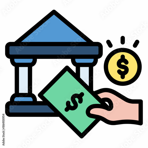 Hand holding a dollar bill in front of a bank building with a coin