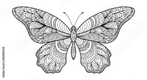 Intricately detailed butterfly illustration with zentangle patterns, perfect for an adult coloring book page or decorative design element.