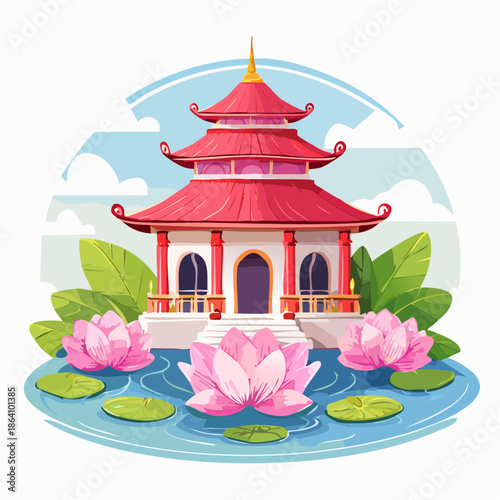 Asian Pagoda Temple by Lotus Pond Nyepi Day.