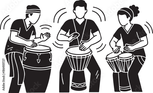 Three musicians playing traditional drums showcasing rhythmic patterns and cultural expression in a black and white illustration