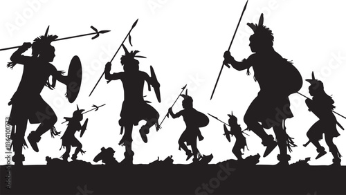 A silhouette depiction of native american warriors with spears and shields in a dynamic pose
