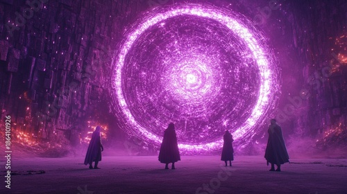 A group of people stand in front of a large purple circle. The scene is set in a futuristic environment with a purple glow surrounding the circle