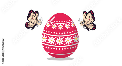Ornate pink Easter egg decorated with white daisy patterns, flanked by two cute cartoon butterflies, isolated on a white background.
