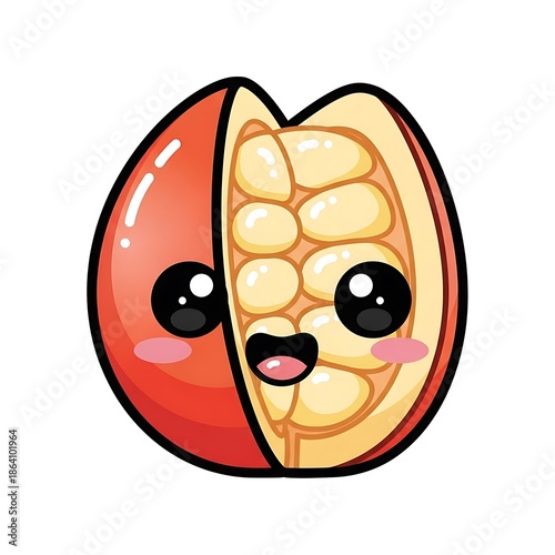 Cartoon peach with smiling face halves.