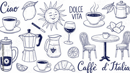 Coffee and Tea Doodle Icons Set – Hand Drawn Cafe Drinks, Cups & Accessories Illustration