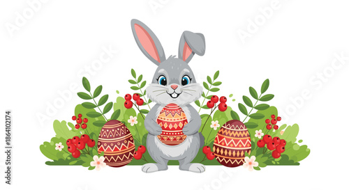 Cute grey Easter bunny holding a decorated egg, sitting among colorful eggs, green foliage, and red berries on a white background.