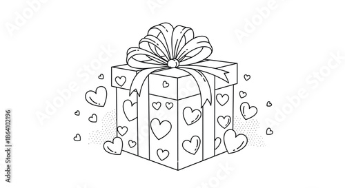 Hand-drawn gift box with a large bow, decorated with heart patterns and surrounded by floating hearts in a black and white doodle style.