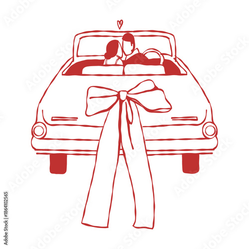 Newlyweds are traveling on their honeymoon in a vintage convertible with a bow. Wedding procession, car. Vector red illustration in outline style, isolated on a white background.