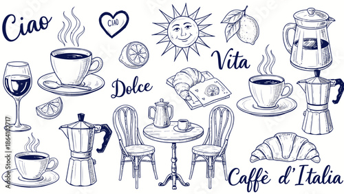 Cafe Coffee Doodle Illustration Set – Hand Drawn Coffee Shop Vector Collection
