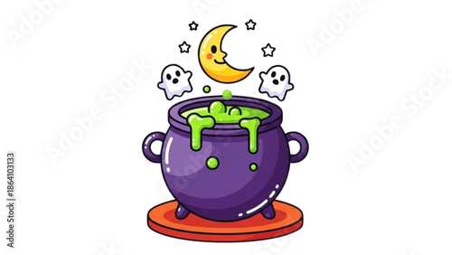 A purple cauldron bubbling green potion under a crescent moon surrounded by mystical stars