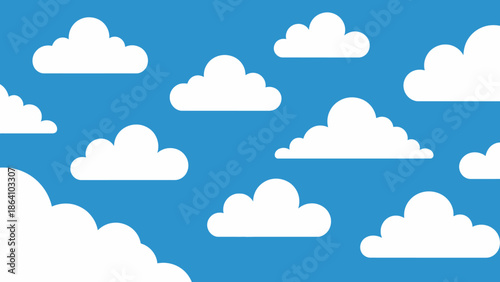 Seamless Pattern of Fluffy White Clouds in a Clear Blue Sky, Cheerful Weather Background