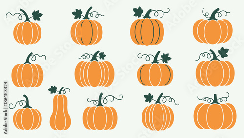Collection of Orange Pumpkins with Green Stems on a Light Gray Background, Autumn Harvest Symbols