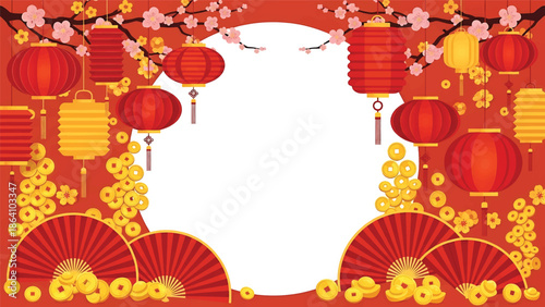 Chinese New Year vector greeting background with hanging lanterns, gold coins, paper fans, and floral decorations, ideal festive design for holiday banners, cards, and promotions
