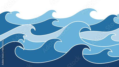 Seamless Blue Ocean Waves Pattern on a Light Blue Background, Dynamic Water Surface