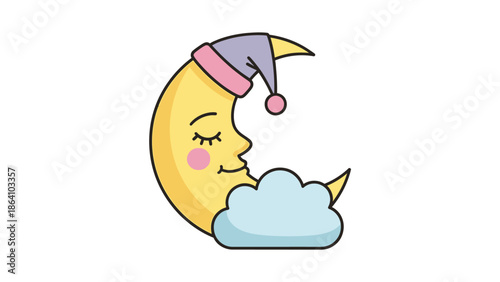 Cute Cartoon Sleeping Moon Wearing a Nightcap with a Soft Cloud on Isolated White Background