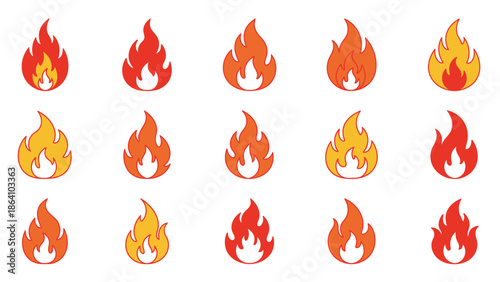 Collection of Colorful Fire and Flame Icons on Isolated White Background, Hot and Dynamic Symbols