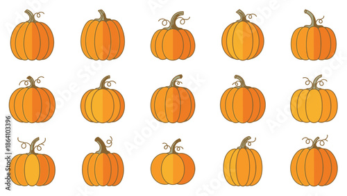 Grid of cartoon orange pumpkins with stems, autumn harvest decoration, isolated white background.