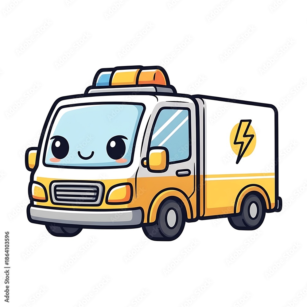 Fototapeta premium Cute cartoon delivery truck with smile.