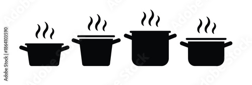 Kitchen cooking pots vector icon set, showcasing various cookware shapes, boiling pots, cooking utensils,
