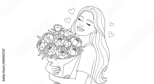 Coloring page of a beautiful young woman with long hair, smiling with her eyes closed as she happily hugs a large bouquet of peony flowers.