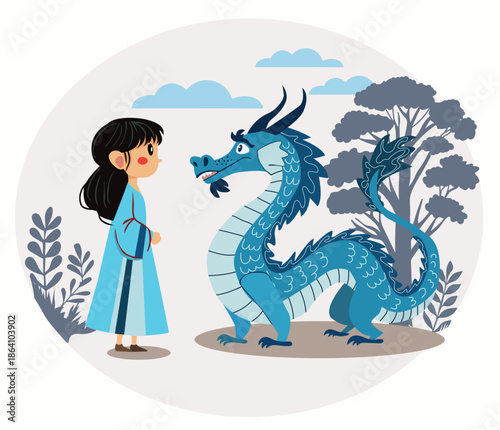a dragon and a girl standing opposite it.